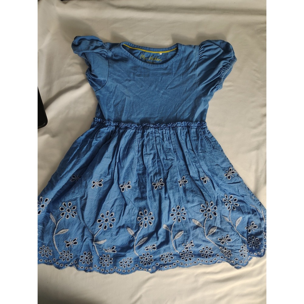 Mini Boden Girls Blue Floral Eyelet Embroidered Puff Sleeve Dress  5-6Y 116cm